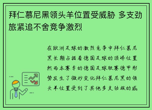 拜仁慕尼黑领头羊位置受威胁 多支劲旅紧追不舍竞争激烈